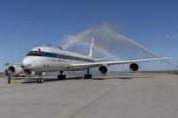 The DC-8 aircraft returned to NASA’s Armstrong Flight Research Center Building 703 in Palmdale, California, on April 1, 2024, after completing its final mission supporting Airborne and Satellite Investigation of Asian Air Quality (ASIA-AQ). The aircraft and crew were welcomed back with a celebratory water salute by the U.S. Air Force Plant 42 Fire Department. NASA/Steve Freeman 