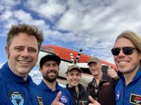 The crew after their successful season. In the photo from left to right: Josh Willis, OMG lead scientist; Mike Wood, OMG scientist; Linden Hoover, Kenn Borek co-pilot; Jim Haffey, Kenn Borek pilot; and Ian Fenty, OMG scientist. Not pictured are Gerald Cirtwell, Kenn Borek flight engineer, and Ian McCubbin, OMG project manager. Credit: Josh Willis/JPL