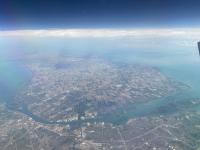 A view of the MOOSE study region from the Langley C-20B Gulfstream III. On the far side is the city of Windsor in Ontario, Canada. Detroit is in the foreground, with downtown Detroit on the lower left. The Detroit River runs between the two cities. Credits: NASA/Kenny Christian
