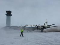 The National Oceanic and Atmospheric Administration’s P-3 Orion airplane carrying IceBridge’s scientists and instruments gets ready to take off for the Arctic campaign’s first research flight from Thule Air Base, Greenland. Credits: NASA/Operation IceBridge/John Woods