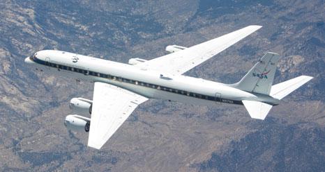 Instrument probes protrude from NASA's DC-8 Airborne Science flying laboratory