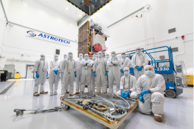 The mechanical team assembles in the clean room where they prepared the PACE Observatory before launch. (Photo: NASA)