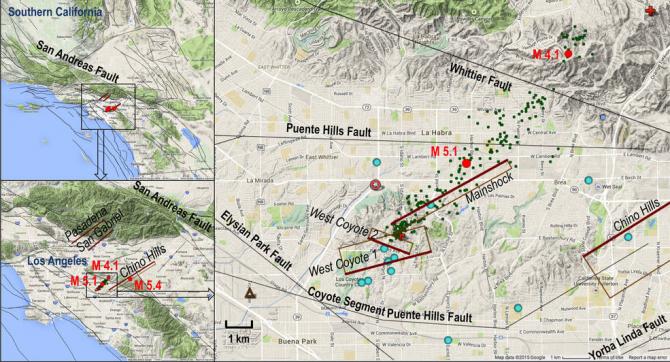 Setting of the La Habra quake. Red dots show the magnitude 5.1 main shock, magnitude 4.1 aftershock and magnitude 5.4 Chino quake in 2008. Relocated aftershocks are green dots. Modeled faults are in brown, with the heavier reddish brown line denoting the bottom of the fault and labeled with italics. Credits: NASA/JPL-Caltech