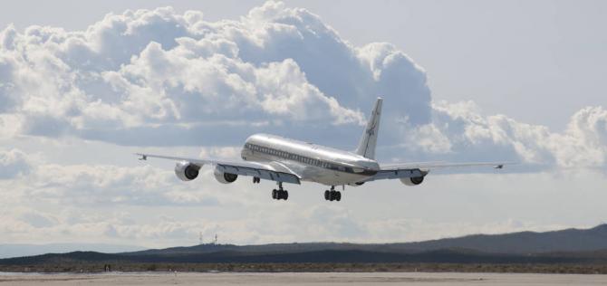 NASA's DC-8 aircraft takes off from its base operations in Palmdale, California on a mission aimed at studying polar winds in the Arctic region. Credits: NASA Photo / Carla Thomas