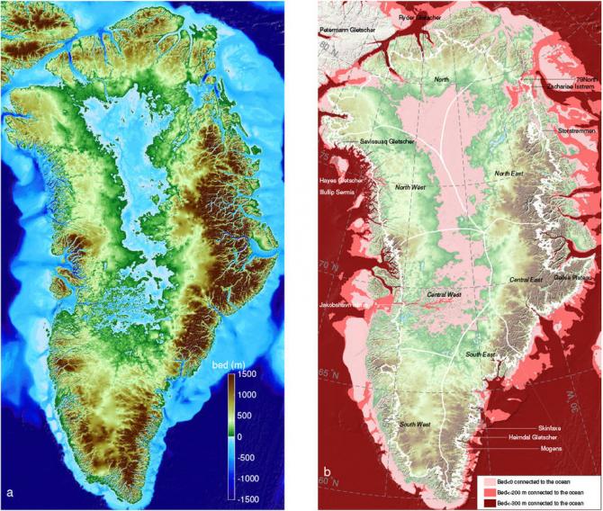 Left: Greenland topography color-coded from 4,900 feet (1,500 meters) below sea level (dark blue) to 4,900 feet above sea level (brown). Right: regions below sea level connected to the ocean, either shallower than 600 feet (200 meters, light pink); between 600 and 1,000 feet (300 meters, dark pink); or continuously deeper than 1,000 feet below sea level (dark red). The thin white line shows the current extent of the ice sheet. Credits: UCI
