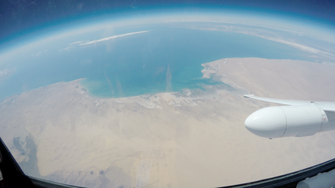 View from the NASA ER-2 high-altitude aircraft cockpit: Sonoran Desert coastline during ABI validation flight on March 23. Credits: NASA