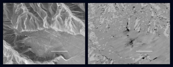 The hummingbird glyph and its surroundings in the Nasca world heritage site as seen by standard photography, left, and by NASA's UAVSAR instrument, right. Dark areas in the UAVSAR image are where the site has been disturbed.