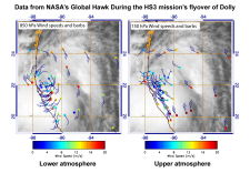NASA's unmanned Global Hawk aircraft flew over Tropical Storm Dolly on Sept. 2 and gathered data. The plot shows wind speeds and wind barbs at 850 and 150 millibars.