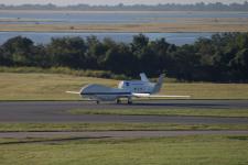 The NASA Global Hawk 872 lands at 7:43 a.m. EDT, August 27, at the Wallops Flight Facility in Virginia following a 22-hour transit flight from its home base at the Armstrong Flight Research Center in California. 