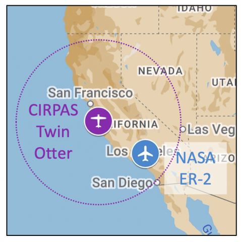 Map showing PACE-PAX operational area: southern california for the NASA ER-2, central california for the CIRPAS TWIN Otter. A 500nm range circle is drawn around the CIRPAS Twin Otter