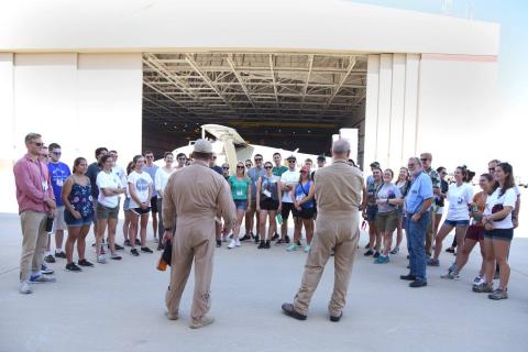 Students participating in the 2017 NASA Student Airborne Research Program meet the pilots of the NASA Sherpa