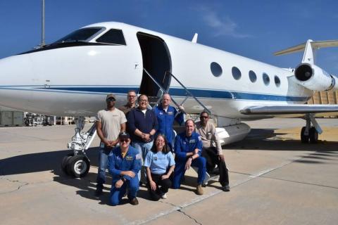 Nine planes, based mostly in Fairbanks, Alaska, and Yellowknife, Canada, will fly instruments for ABoVE’s 2017 season. Here, ABoVE scientists and crew of the G-III aircraft stand by the plane, which flies a radar instrument to study soils. Credits: NASA/Peter Griffith