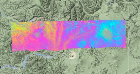 This UAVSAR interferogram shows active volcano Mount St. Helens (left) and dormant volcano Mount Adams, both in Washington state.