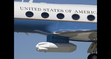 The synthetic aperture radar developed by JPL is carried in a pod slung beneath NASA's Gulfstream C-20A / G-III environmental science research aircraft. 