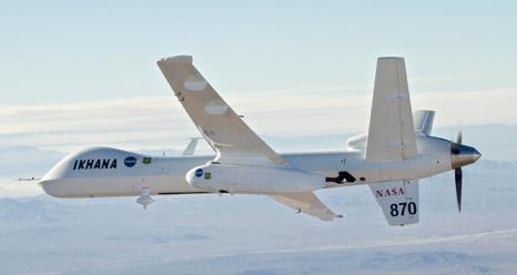 NASA's MQ-9 Predator B unmanned aircraft, the Ikhana, is shown during a Southern California wildfire imaging mission in October 2007