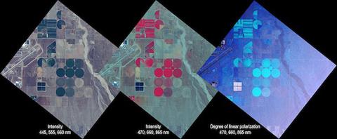 The brightness, or "intensity," and polarization of reflected light provide different information about the elements that make up a scene, apparent in this set of images collected by the Airborne Multiangle SpectroPolarimetric Imager (AirMSPI)