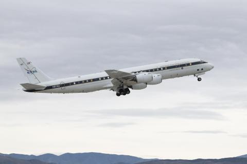 NASA’s DC-8 aircraft takes off from NASA’s Armstrong Flight Research Center Building 703 in Palmdale, California, to conduct test flights as part of the Airborne and Satellite Investigation of Asian Air Quality, or ASIA-AQ mission, that will collect detailed air quality data over several locations in Asia. NASA/Carla Thomas