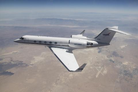 G-IV airplane flies over Antelope Valley, California during June 2024