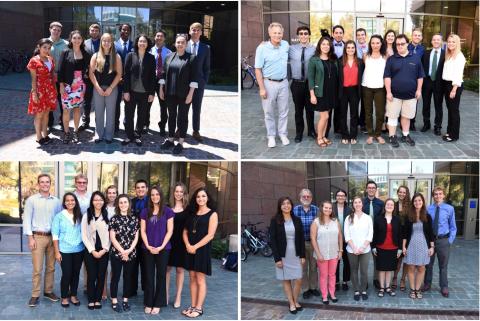 The four SARP 2017 research groups: Tropospheric Chemistry (upper left), Whole Air Sampling (upper right), Ocean Remote Sensing (lower left), Land Vegetation Remote Sensing (lower right). Students posed with their groups after the completion of their final research presentations on August 8 and 9, 2017 at the University of California Irvine. Credits: NASA / Megan Schill