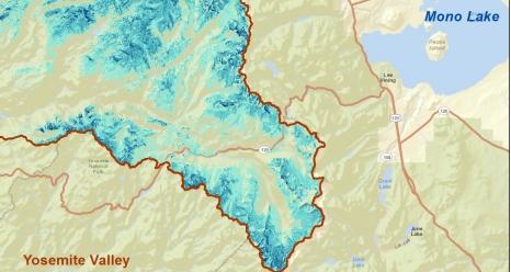 Spatial distribution of snow water equivalent across the Tuolumne River Basin from April 10 to June 1, 2013 as measured by NASA's Airborne Snow Observatory. 