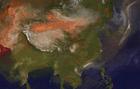 Air movements over the Republic of Korea Computer simulation of wind-blown pollutants over East Asia.