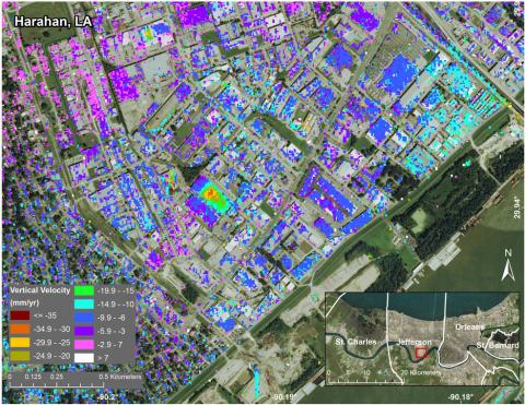 Subsidence in Jefferson Parish, Louisiana, from June 2009 to July 2012, as seen by NASA’s UAVSAR instrument. The measured displacements are a combination of movement of the ground and of individual structures. The inset at lower right shows the parish location within Greater New Orleans.