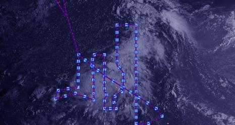 The lines show the path of NASA's Global Hawk over Tropical Storm Gabrielle on Sept. 4 in this GOES-East satellite image.