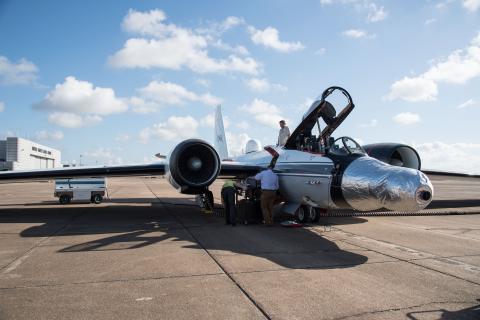 WB-57F jet is readied for a test run at NASA’s Johnson Space Center in Houston. The instruments are mounted under the silver casing on the nose of the plane. Credits: NASA’s Johnson Space Center/Norah Moran