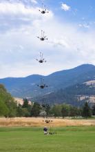 composite image showing the NASA Alta X quadcopter taking off during one of eight flights it performed for the 2024 FireSense UAS technology demonstration in Missoula