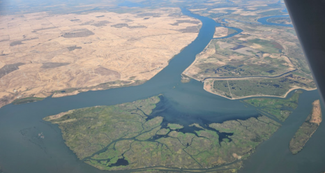 The turbid and complex waters of the Sacramento-San Joaquin River Delta were visible during a spiral maneuver. Photo by Luke Ziemba.