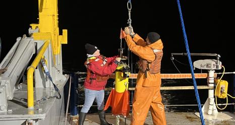 Mackenzie (left) and Avery Snyder (right) getting ready to deploy a mixed layer float. Credit: Alex Kinsella