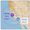 Map showing PACE-PAX operational area: southern california for the NASA ER-2, central california for the CIRPAS TWIN Otter. A 500nm range circle is drawn around the CIRPAS Twin Otter